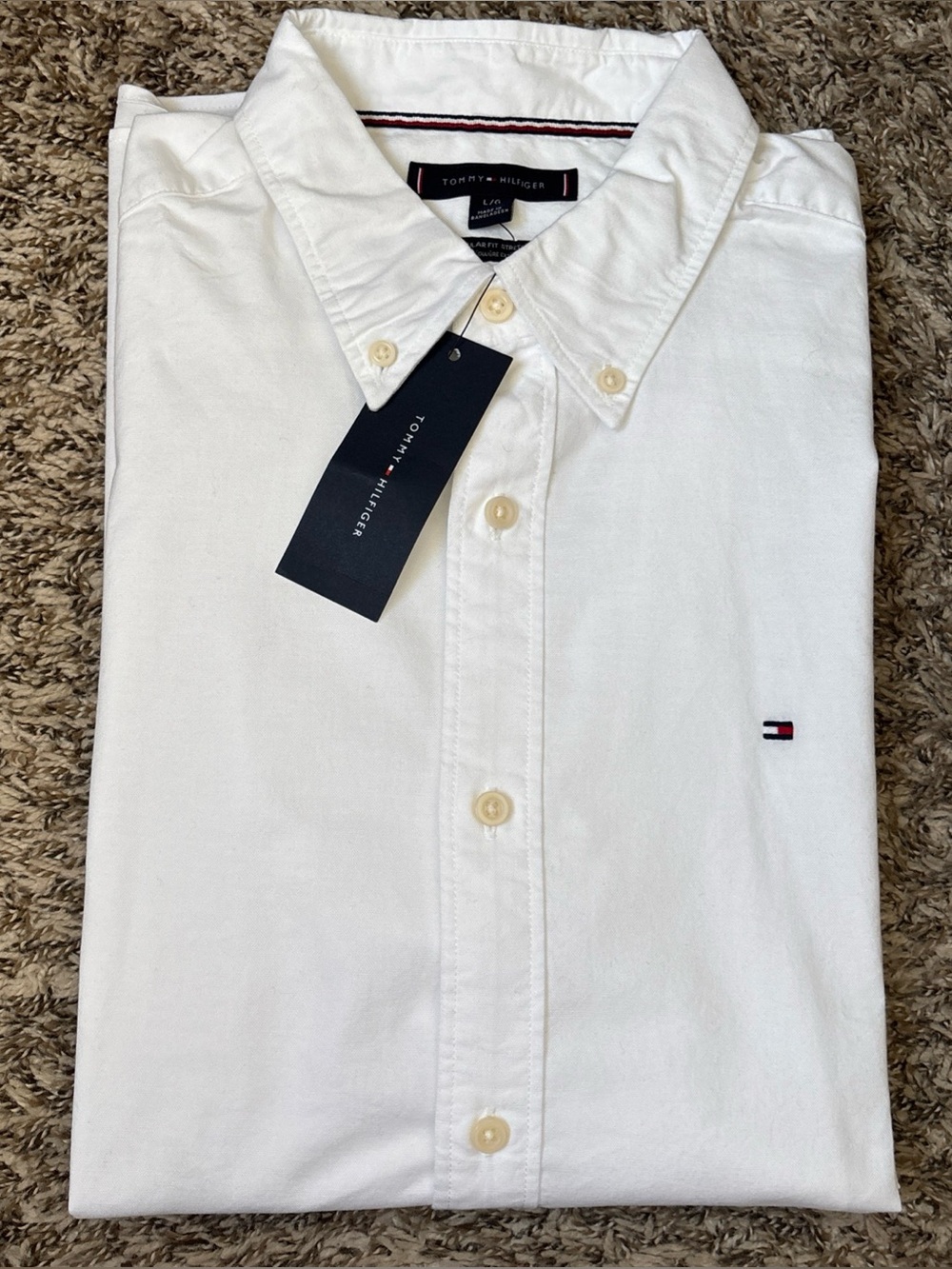 Tommy Hilfiger Men's White Button-Down Oxford Shirt with Flag Logo